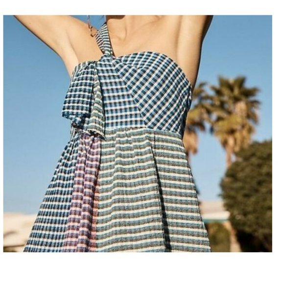 NEW Anthropologie Maeve One Shoulder Gingham Waverly Dress Check Plaid Blue $138 - Picture 3 of 6